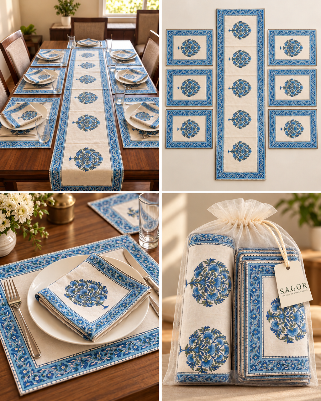 Hand Block Printed Table Runner & Placemat Set