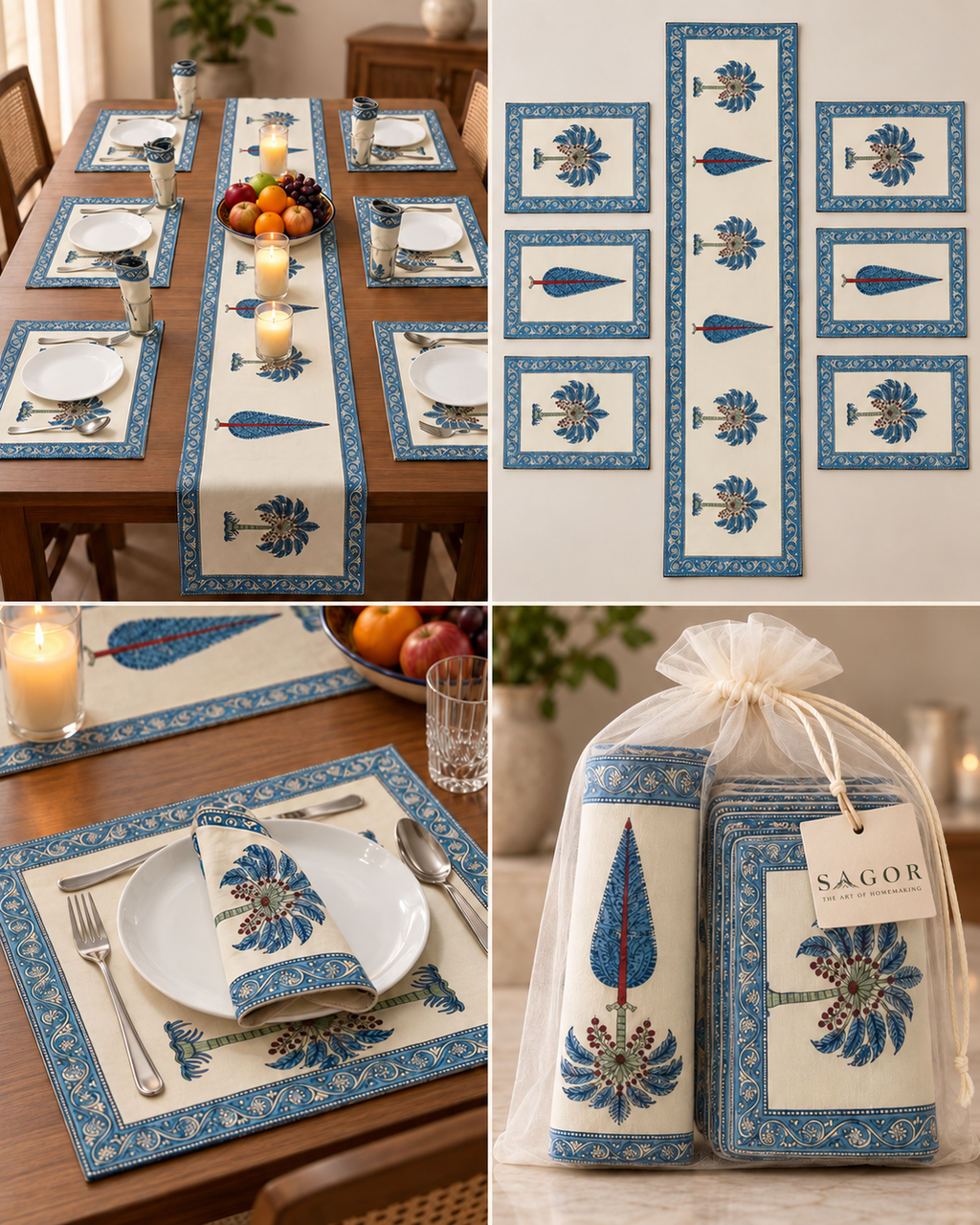 Hand Block Printed Table Runner & Placemat Set
