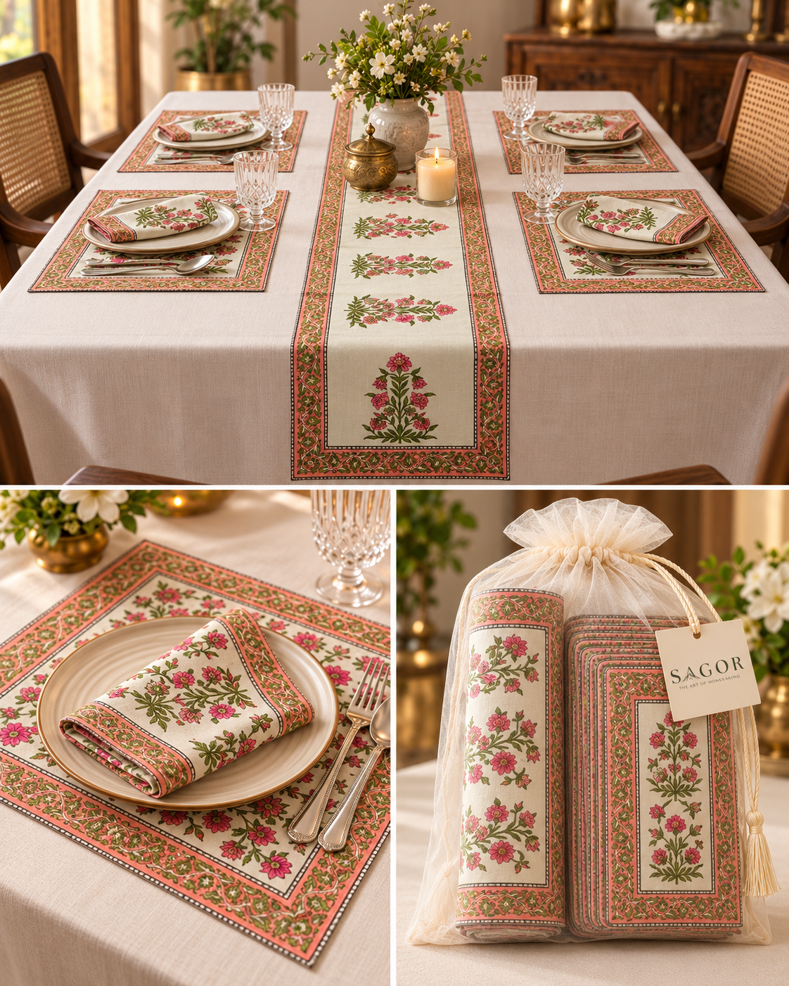 Hand Block Printed Table Runner & Placemat Set
