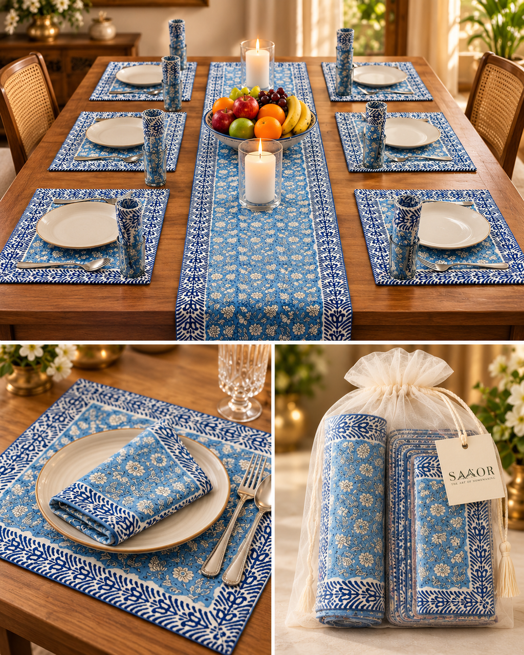 Hand Block Printed Table Runner & Placemat Set