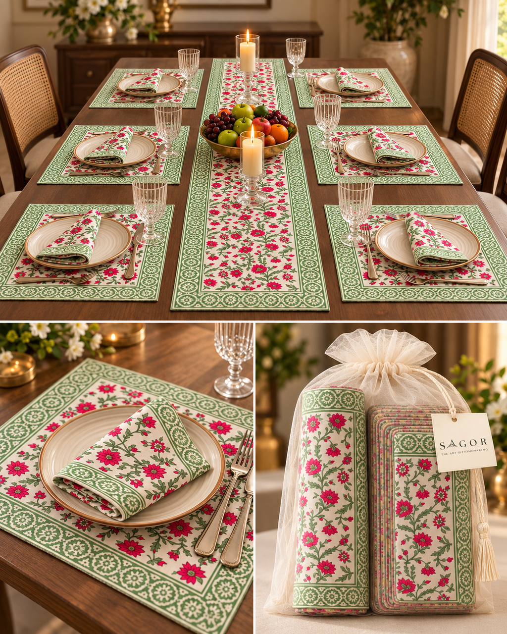 Hand Block Printed Table Runner & Placemat Set