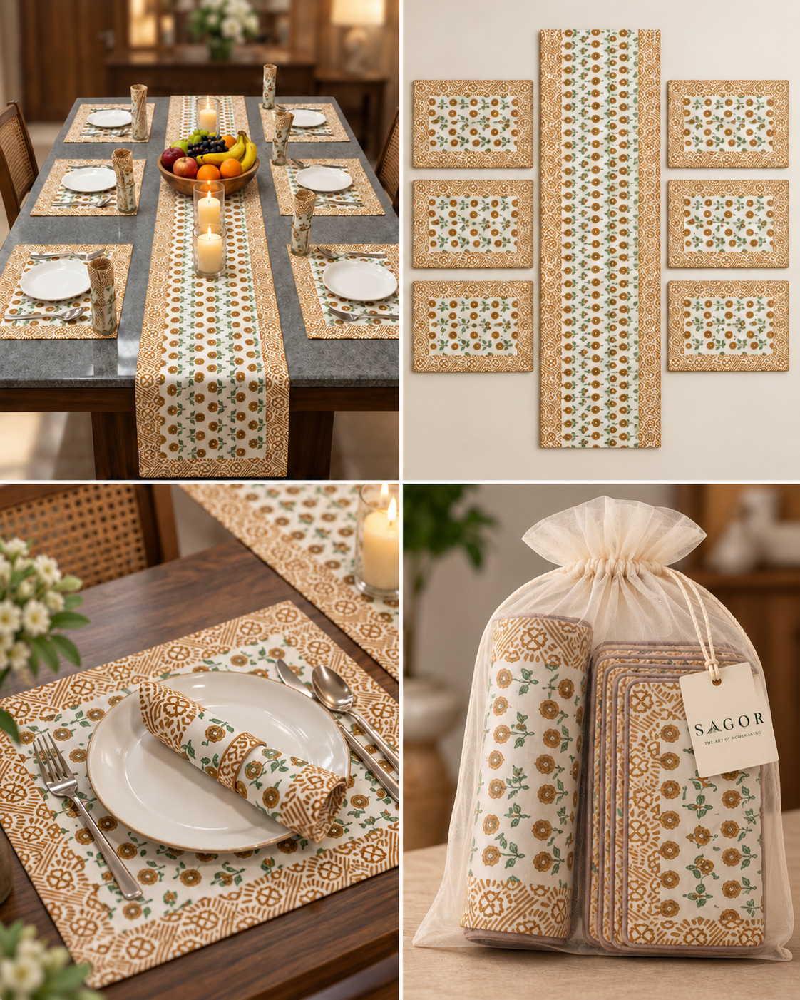 Hand Block Printed Table Runner & Placemat Set